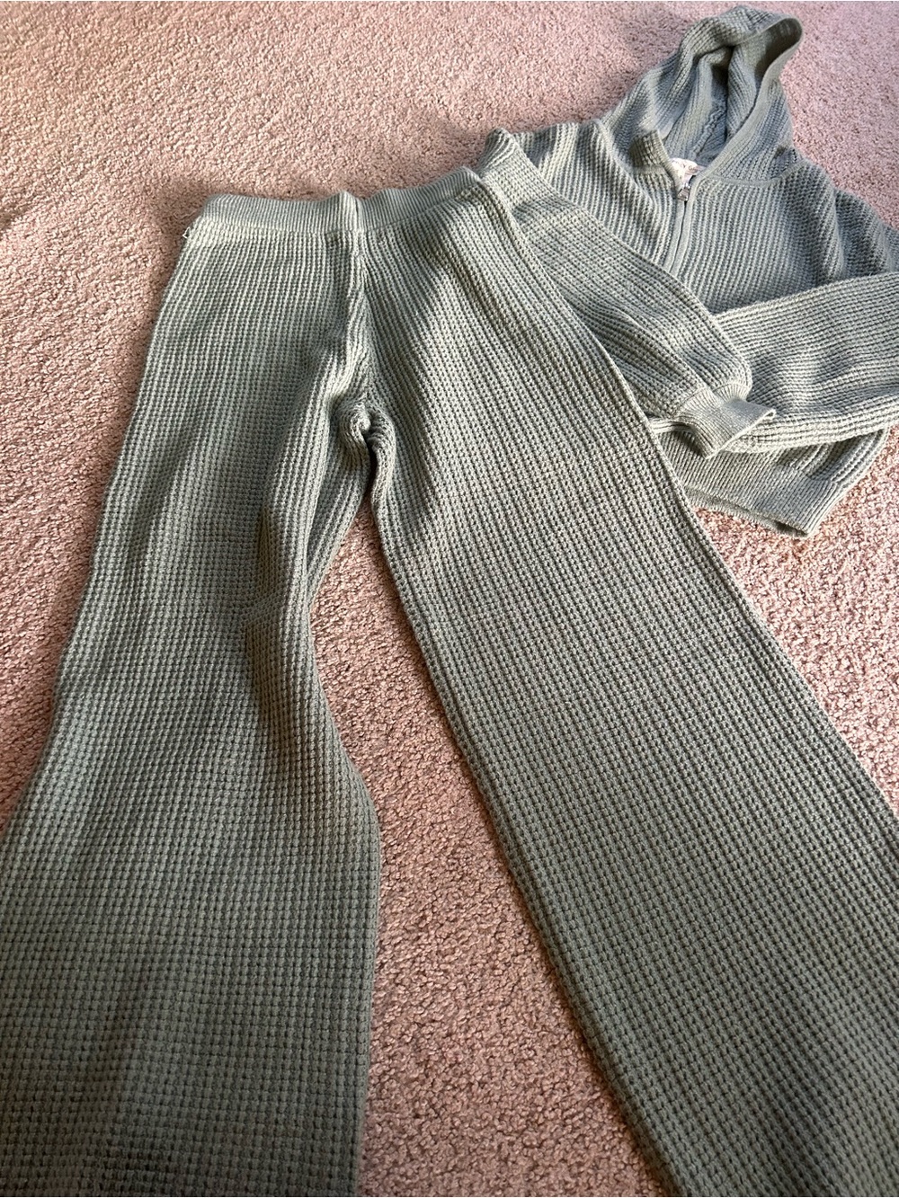 Relaxed Ribbed Knit Wide-Leg Pants with Hoodie- Sage Green